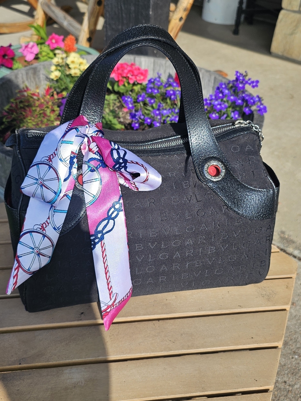 Bvlgari Black Logo Jacquard Top-Handle Satchel Styled with Pink Silk Scarf